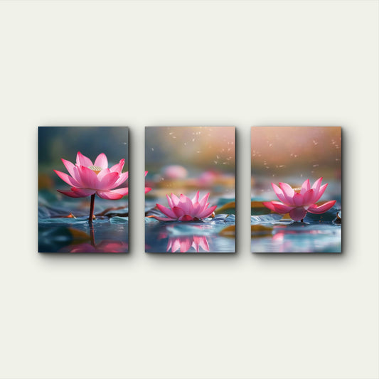 3pcs Pink Lotus Blossoms Floating On Water Wall Art Set Canvas Framed 50x70cm - High Quality Print 100% Australian Made Wall Canvas Ready to Hang - Bella Home Decor