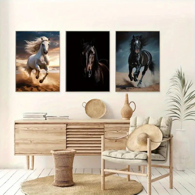 3pcs White Horses, Black Horse Metal Print Ready to Hang Art