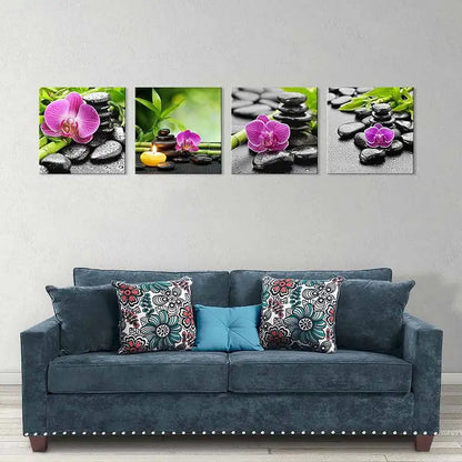 4pcs Zen Pink Orchid & Stone Wall Art Canvas Framed - Bella Home Decor