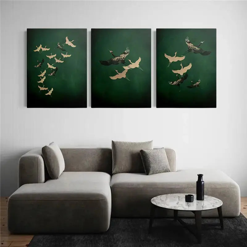 3pcs Golden & Green Japanese Crane Metal Print Ready to Hang Art - Bella Home Decor
