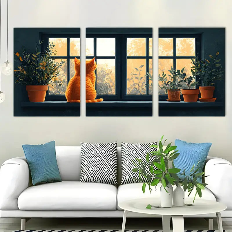 3pcs Vibrant Orange Cat On Windowsill Metal Print Ready to Hang Art