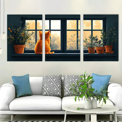 3pcs Vibrant Orange Cat On Windowsill Metal Print Ready to Hang Art