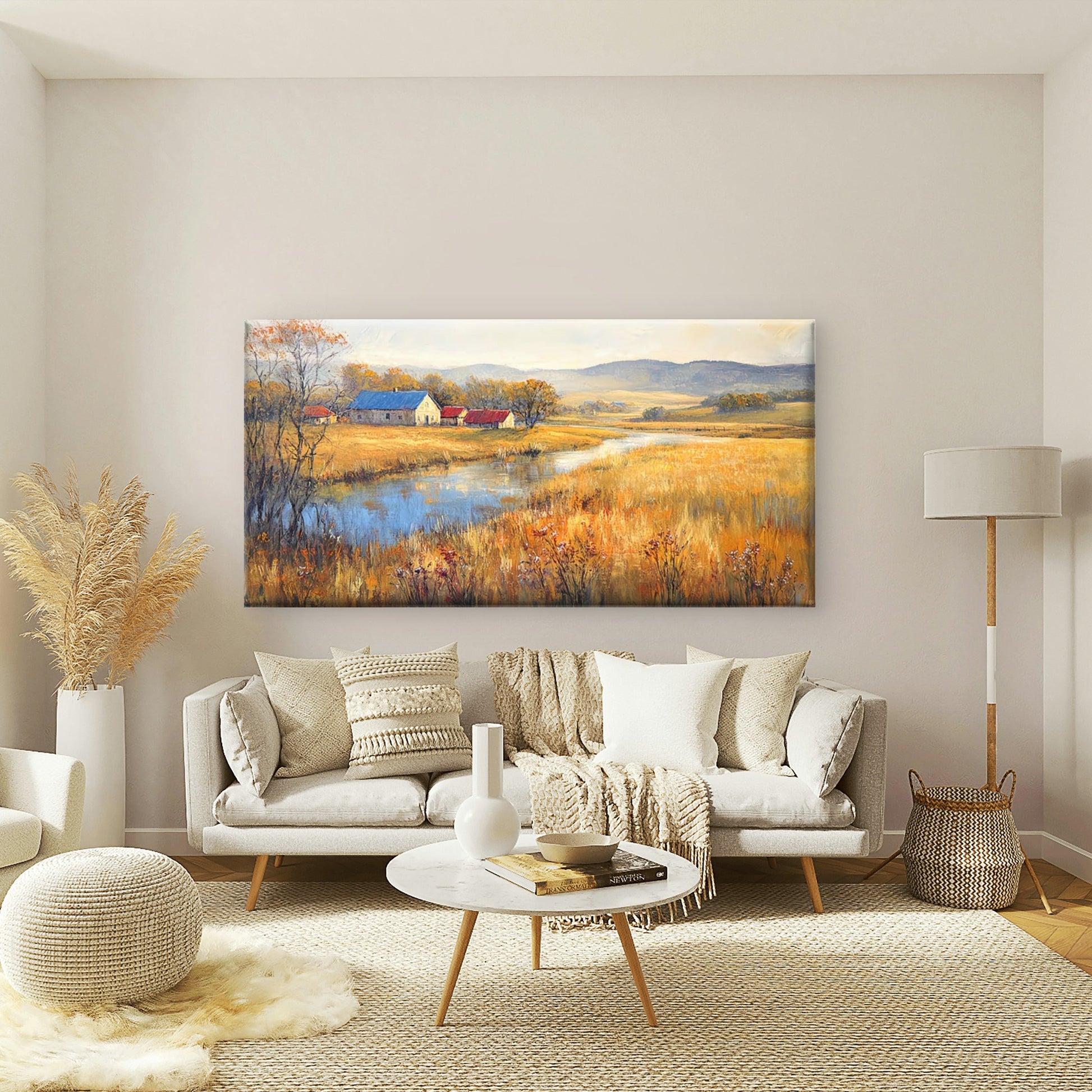 Golden Fields Near Farm Wall Art Canvas Office Home Room Framed 120x60cm - Bella Home Decor