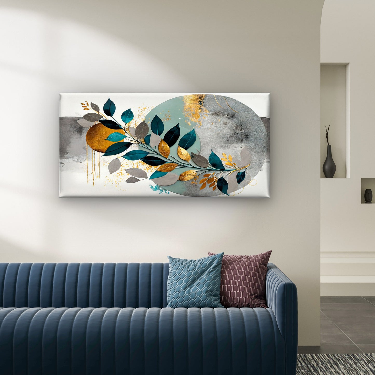 Modern Abstract Teal Gold Leaves Wall Art Canvas Office Home Framed 120x60cm