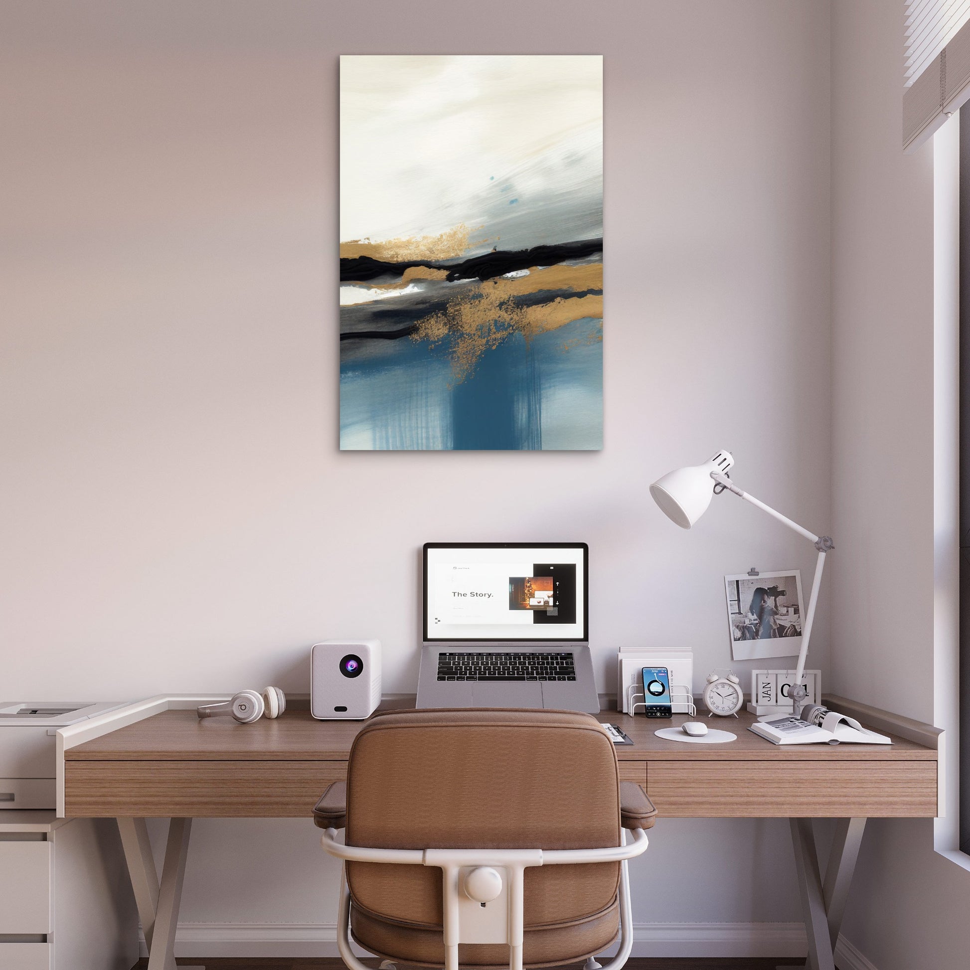 Modern Navy Blue Gold Foil Abstract Painting 40x60cm Metal Print Ready to Hang