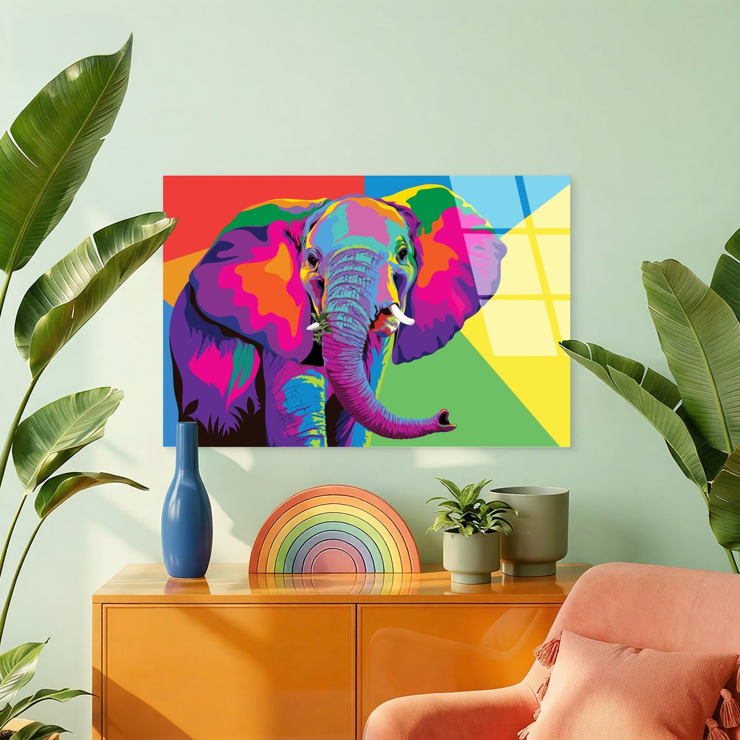 Colorful Pop Elephant Wildlife Safari   Acrylic Glass Printing Wall Art Australian Made Quality