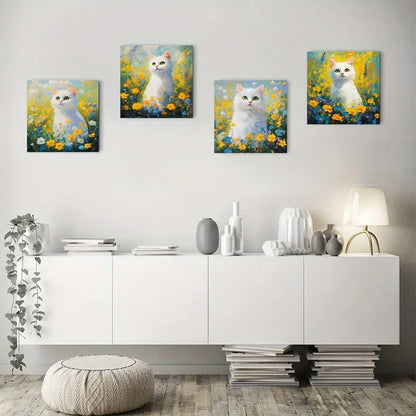 4pcs Flower White Cat Poster Fun Cat Wall Art Canvas Framed
