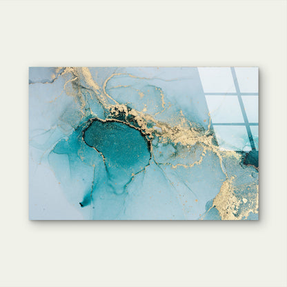 Abstract Teal Ink Gold Glitter Glass Printing Wall Art Australian Made Quality