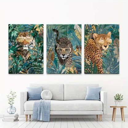3pcs Leopard Cheetah Tiger Jungle Trio Wall Art Set Canvas Framed 40x60cm - High Quality Print 100% Australian Made Wall Canvas Ready to Hang