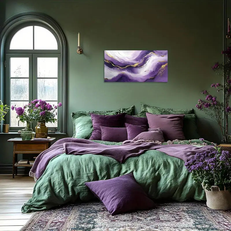 Purple & Golden Waves Abstract Wall Art canvas office home room framed 120x60cm - Bella Home Decor