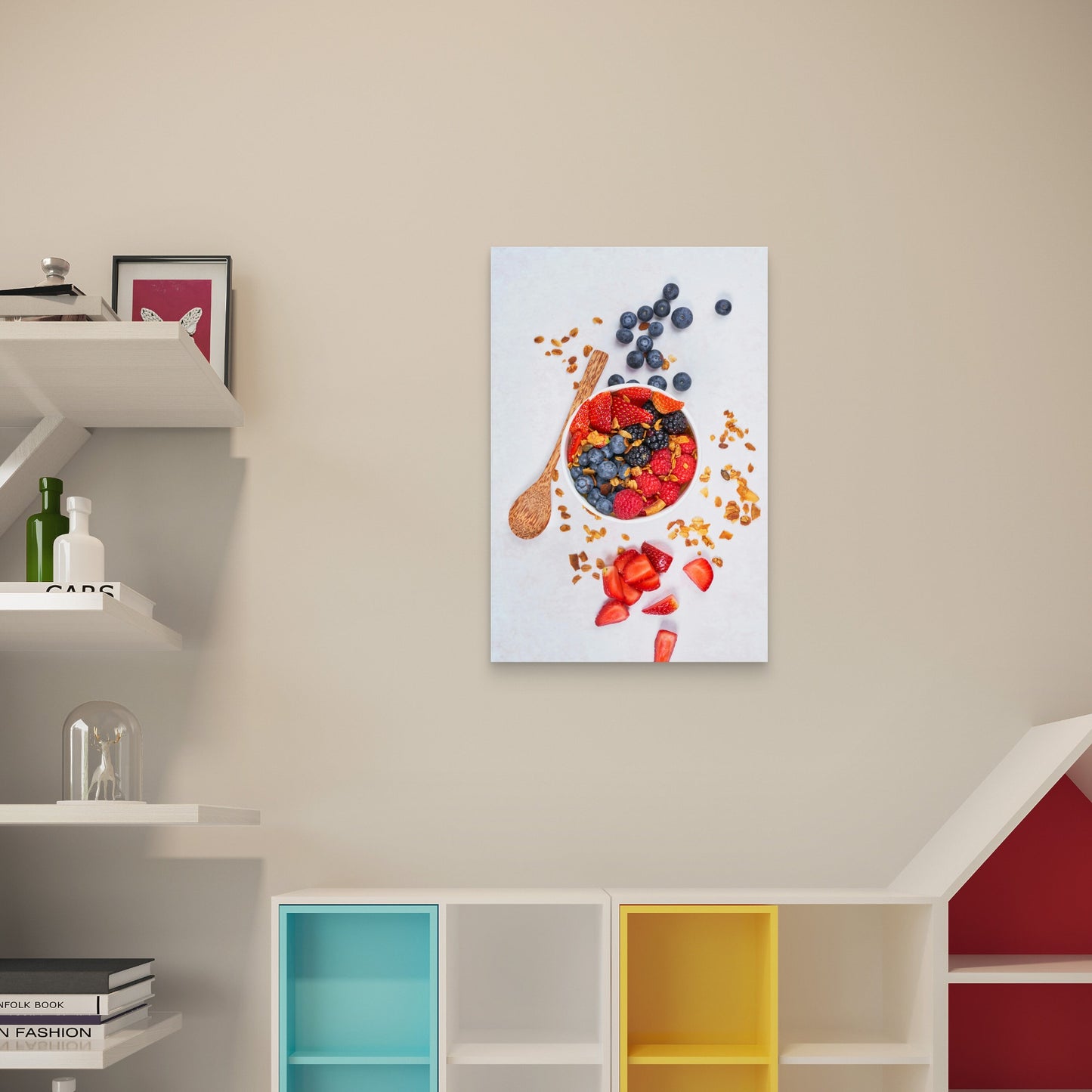 Strawberries And Blue Berries On White Ceramic Bowl 60x90cm Metal Print Ready to Hang