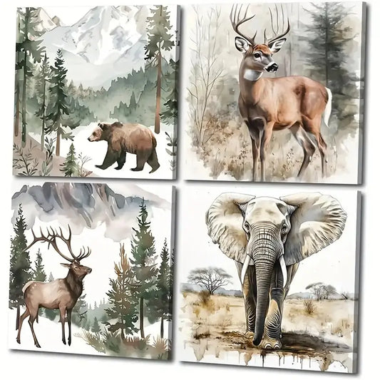 4pcs Forest Animal Deer Bear Elephant Picture Wall Art Canvas Framed