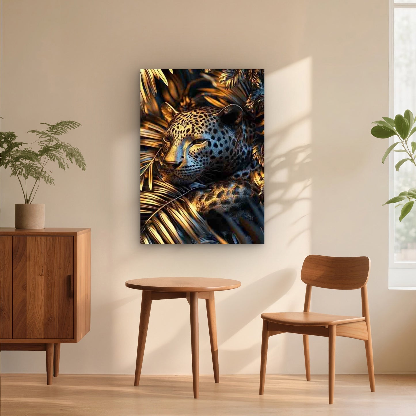 Majestic JAGUAR in Blue & Golden Tropical Leav 40x60cm Metal Print Ready to Hang - Bella Home Decor