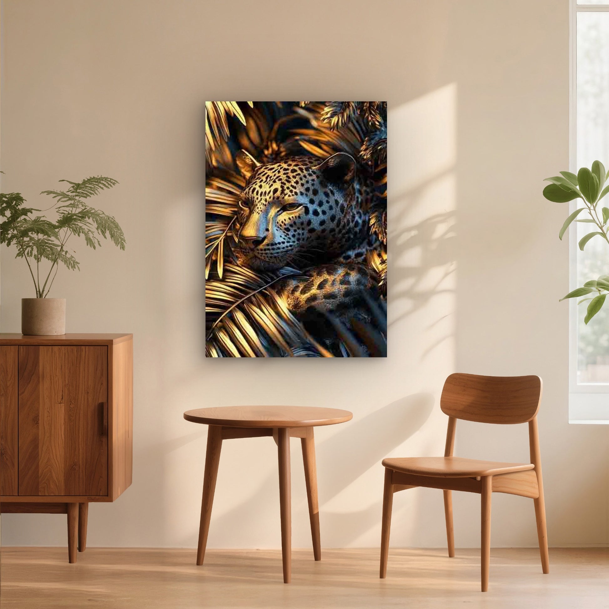 Majestic JAGUAR in Blue & Golden Tropical Leav 40x60cm Metal Print Ready to Hang - Bella Home Decor