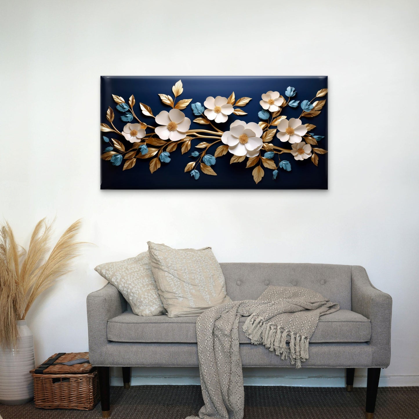 White Gold Blossom Painting Wall Art Canvas Office Home Framed 120x60cm