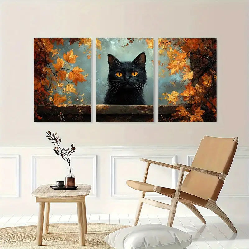 3pcs Black Cat & Autumn Leaves Triptych In Warm Metal Print Ready to Hang Art - Bella Home Decor