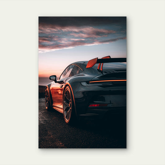 Porsche GT3 RS Racing Wing Sunset Supercar 40x60cm Metal Print Ready to Hang