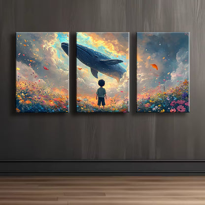 3pcs Fields, girls, whales Illustration Wall Art Set Canvas Framed 40x60cm - High Quality Print 100% Australian Made Wall Canvas Ready to Hang