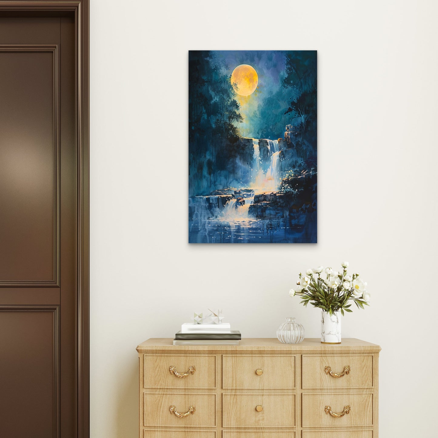 Moonlit Forest Waterfall Nocturne Blue Yellow 40x60cm Metal Print Ready to Hang