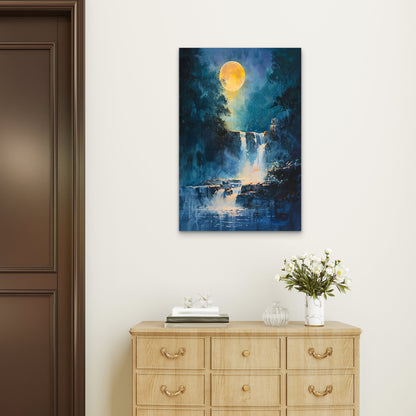 Moonlit Forest Waterfall Nocturne Blue Yellow 40x60cm Metal Print Ready to Hang