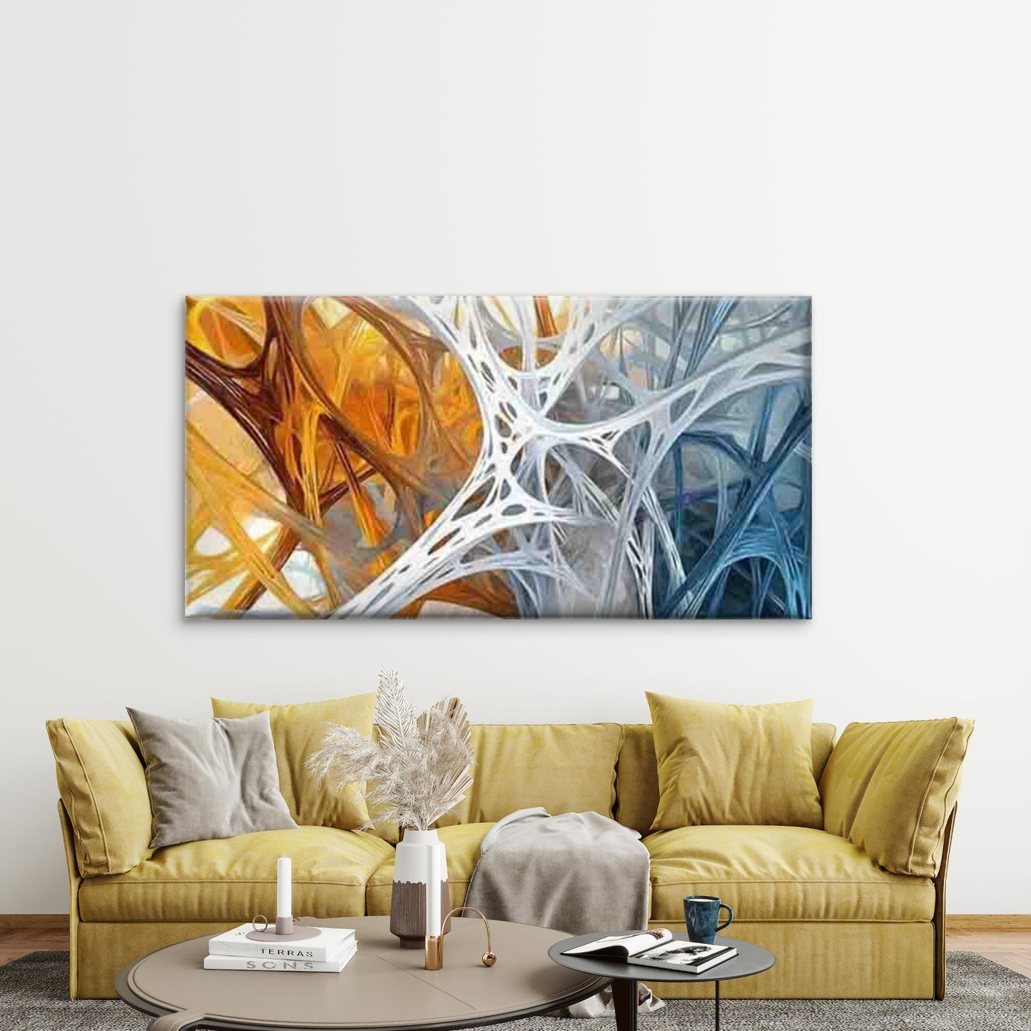 Abstract Blue And Golden Paint Wall Art Canvas Office Home Room Framed 120x60cm - Bella Home Decor