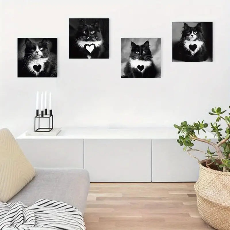 4pcs Chic Black & White Cat   Wall Art Canvas Framed