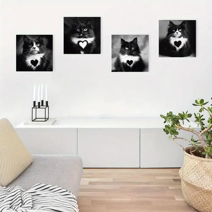 4pcs Chic Black & White Cat   Wall Art Canvas Framed