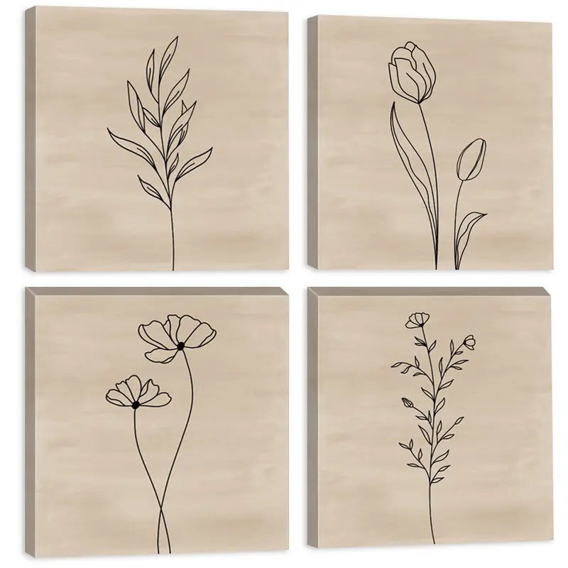 4pcs Floral Line Tulip & Botanical FL Wall Art Canvas Framed