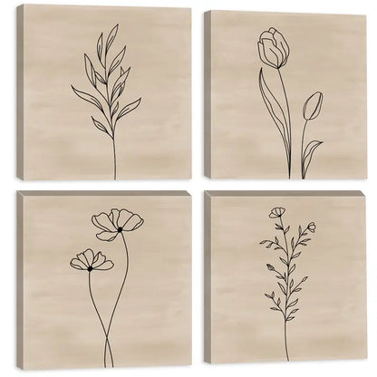 4pcs Floral Line Tulip & Botanical FL Wall Art Canvas Framed