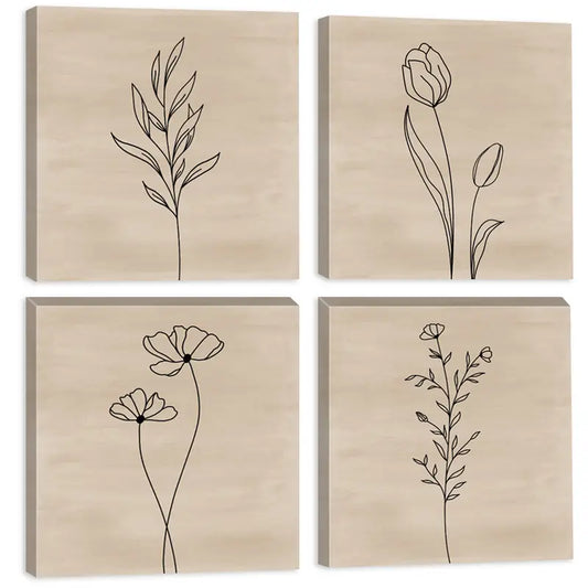 4pcs Floral Line Tulip & Botanical FL Wall Art Canvas Framed