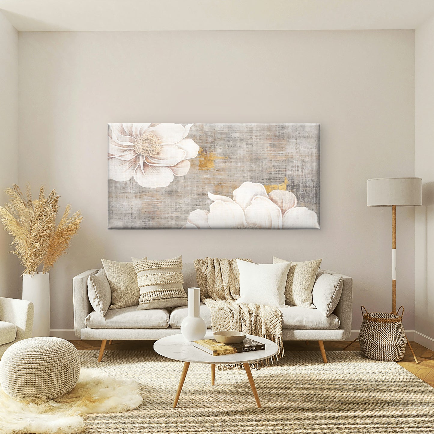 Abstract Floral Grey Gold Wall Art Canvas Office Home Room Framed 120x60cm