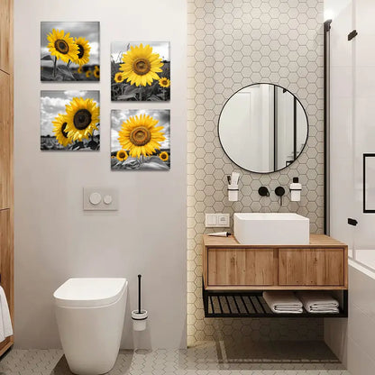 4pcs Vibrant Yellow Blooms with Contrasting Wall Art Canvas Framed