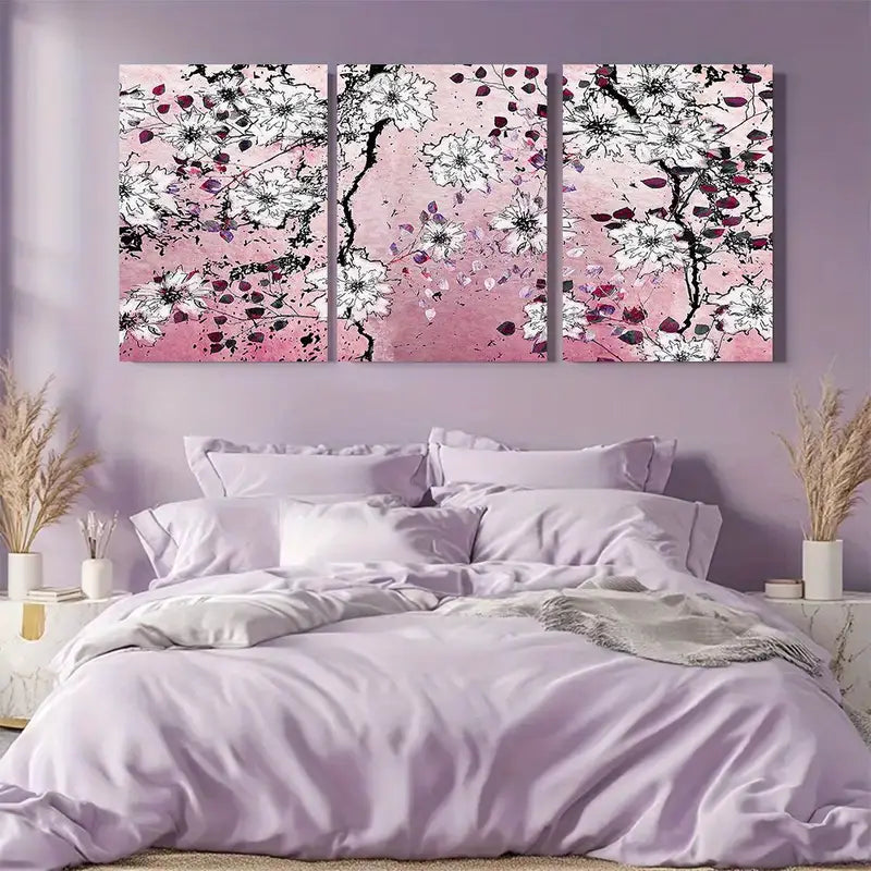 3pcs Pink Floral Wall Art With Black Branches Metal Print Ready to Hang Art