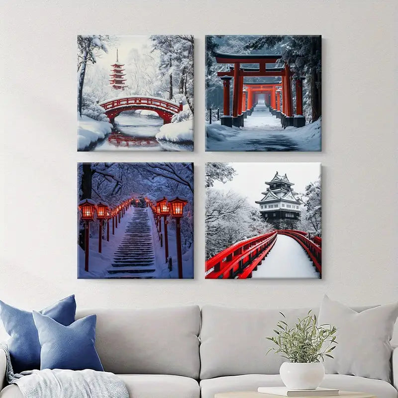 4pcs  Red Bridge, Snow Scenes, Stone     Wall Art Canvas Framed