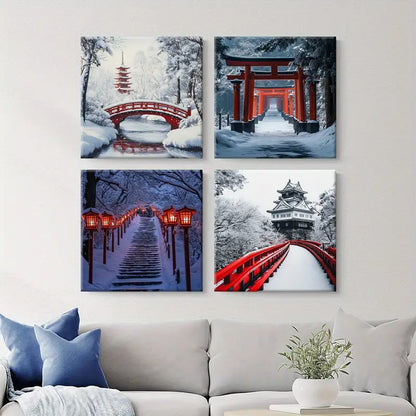 4pcs  Red Bridge, Snow Scenes, Stone     Wall Art Canvas Framed