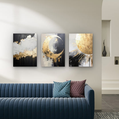 3pcs Abstract Gold Leaf Celestial Moon Sun Wall Art Set Canvas Framed 60x90cm - High Quality Print 100% Australian Made Wall Canvas Ready to Hang - Bella Home Decor