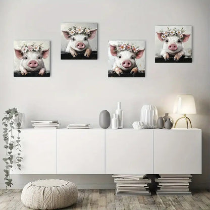 4pcs  Adorable Pig Modern Flower Crown Design Wall Art Canvas Framed