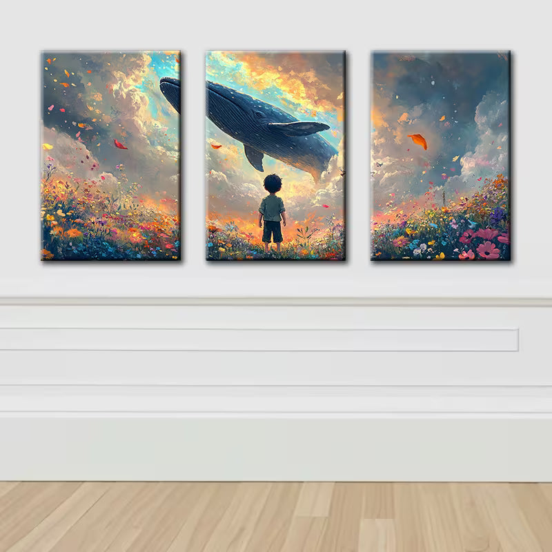 3pcs Fields, girls, whales Illustration Wall Art Set Canvas Framed 40x60cm - High Quality Print 100% Australian Made Wall Canvas Ready to Hang
