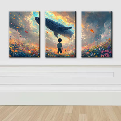 3pcs Fields, girls, whales Illustration Wall Art Set Canvas Framed 40x60cm - High Quality Print 100% Australian Made Wall Canvas Ready to Hang