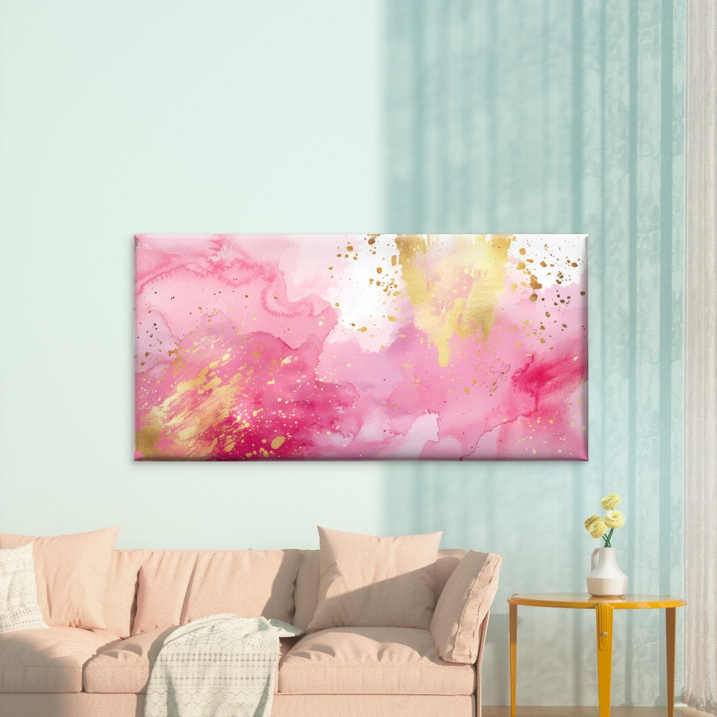 Golden Speckles On Pink Wall Art Canvas Office Home Room Framed 120x60cm - Bella Home Decor