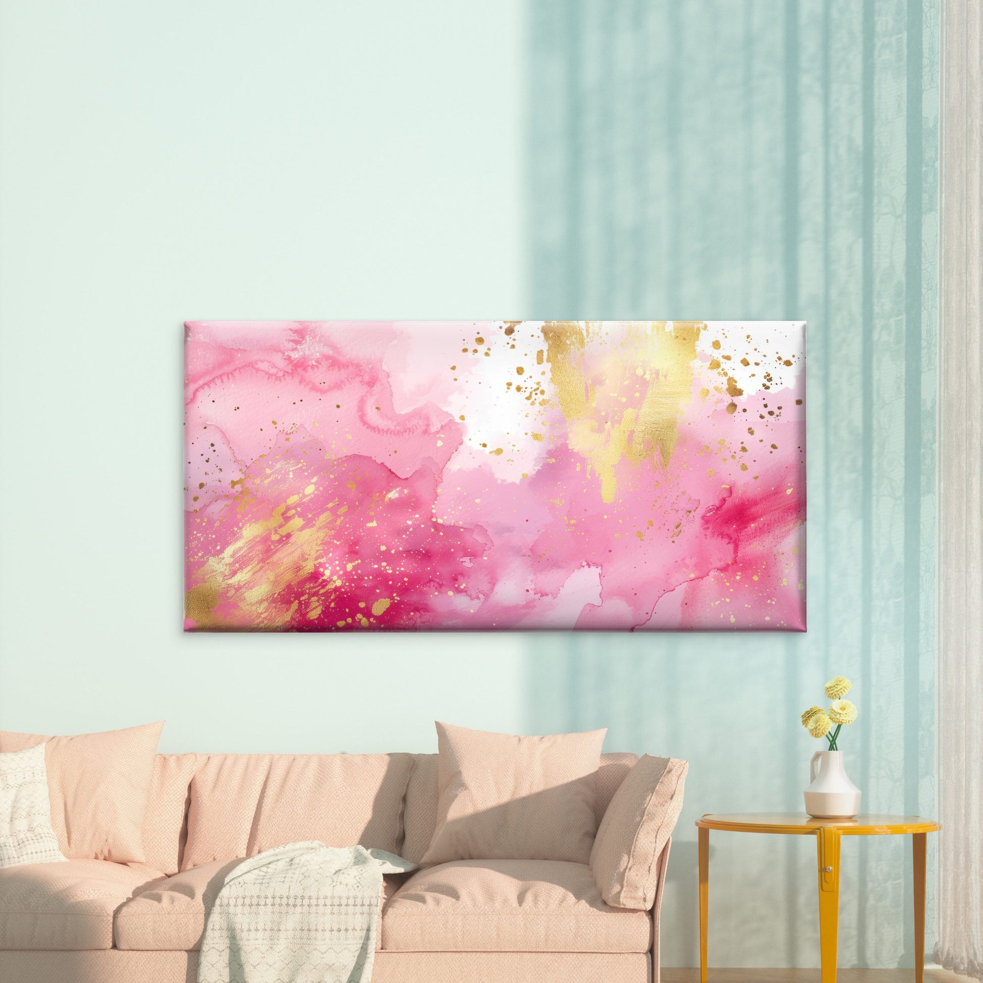 Golden Speckles On Pink Wall Art Canvas Office Home Room Framed 120x60cm - Bella Home Decor