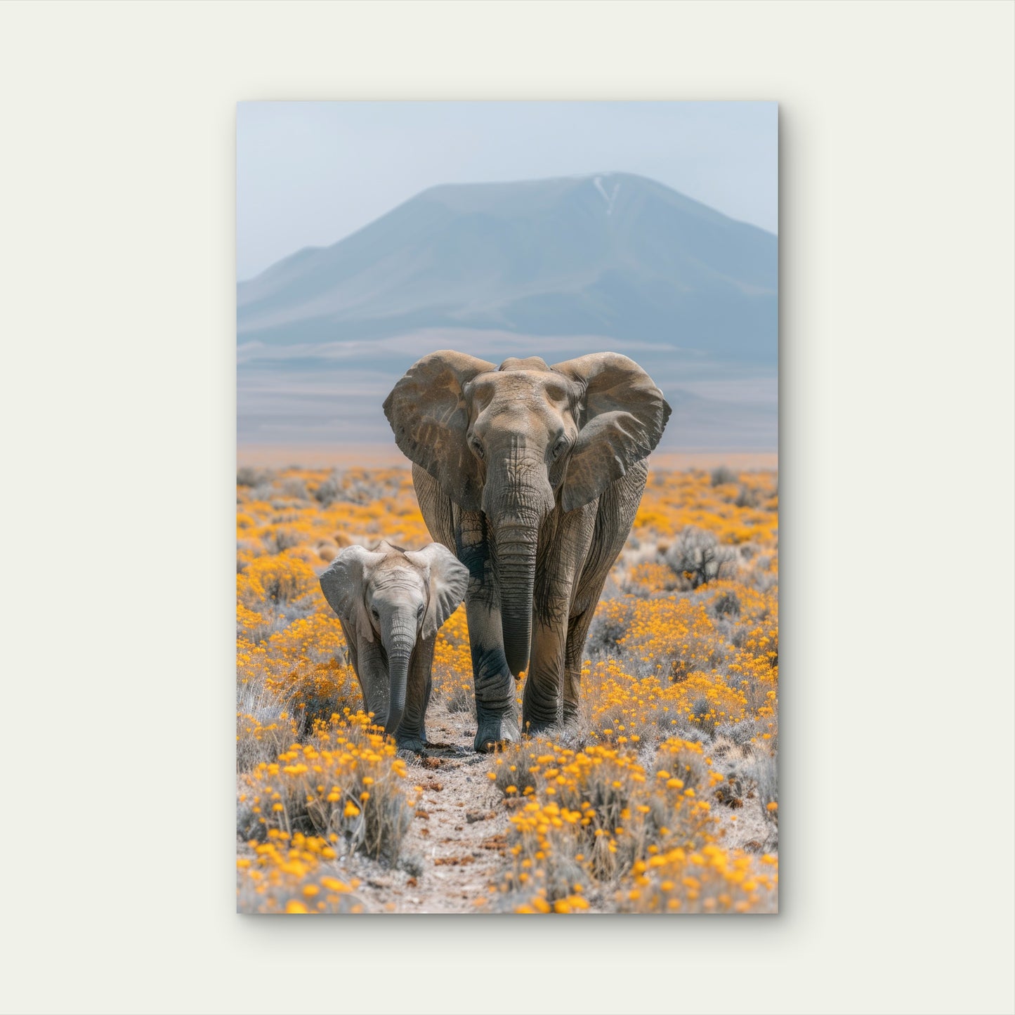 African Elephant and Calf in Yellow Flower Field 40x60cm Metal Print Ready to Hang