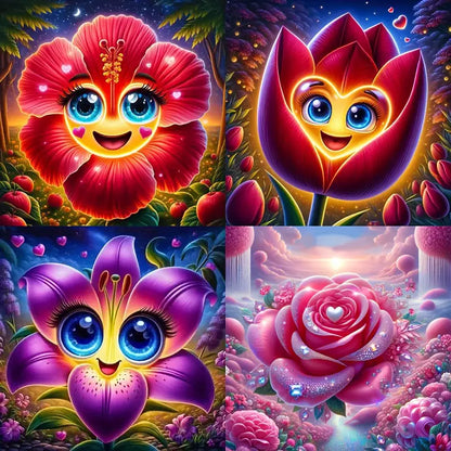 4pcs Smile Red, Pink & Purple Flower Wall Art Canvas Framed
