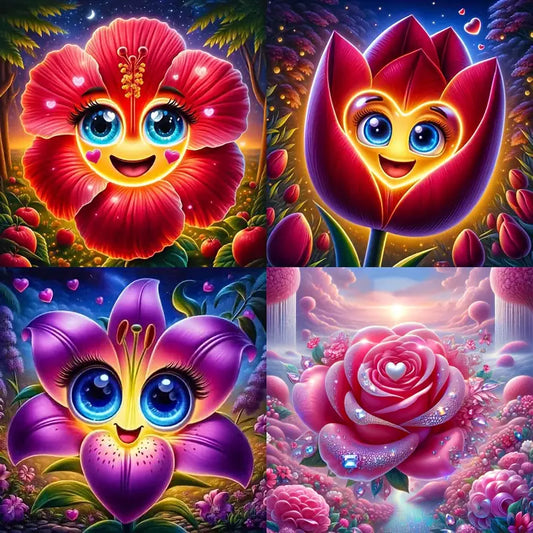 4pcs Smile Red, Pink & Purple Flower Wall Art Canvas Framed