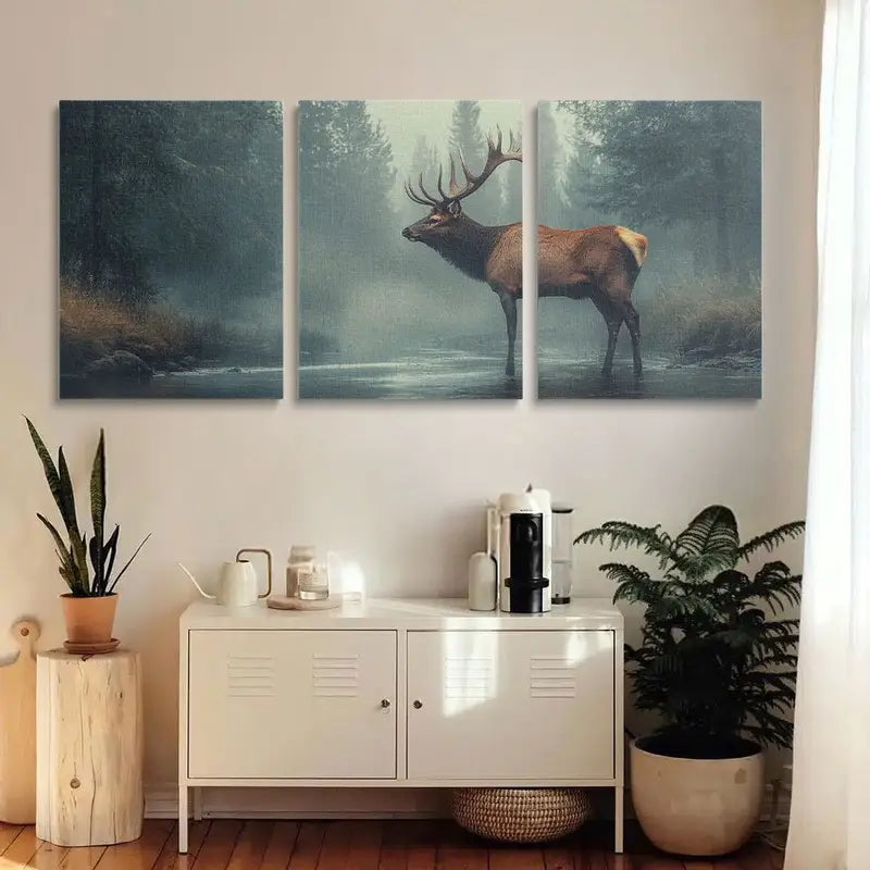 3pcs Deer Forest Nature Scene Misty Road Metal Print Ready to Hang Art