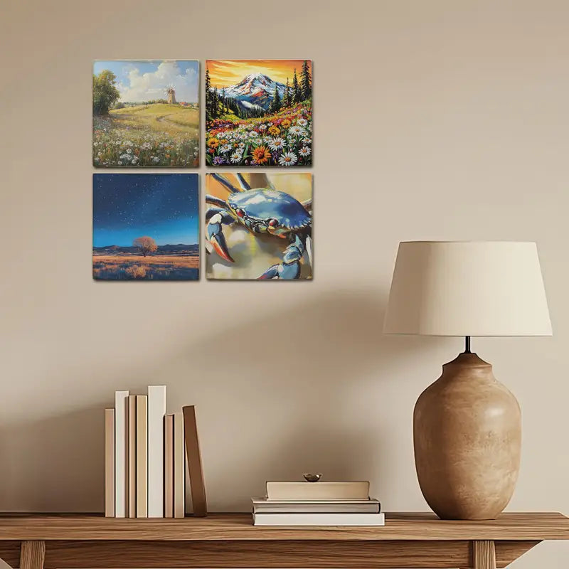 4pcs Crab,Mountain With Flower Garden Wall Art Canvas Framed