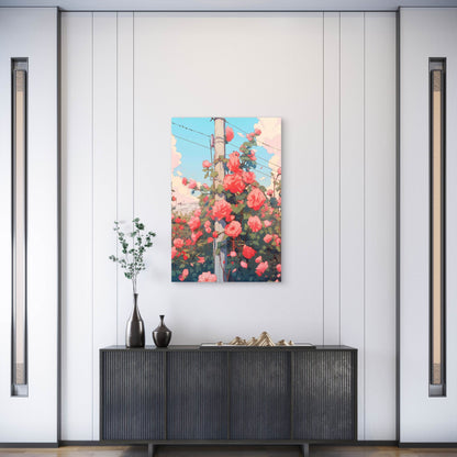 Ghibli Style Featuring Pink Roses Metal Print Ready to Hang