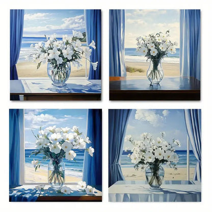 4pcs Flowers Painting Vase Wall Art Canvas Framed