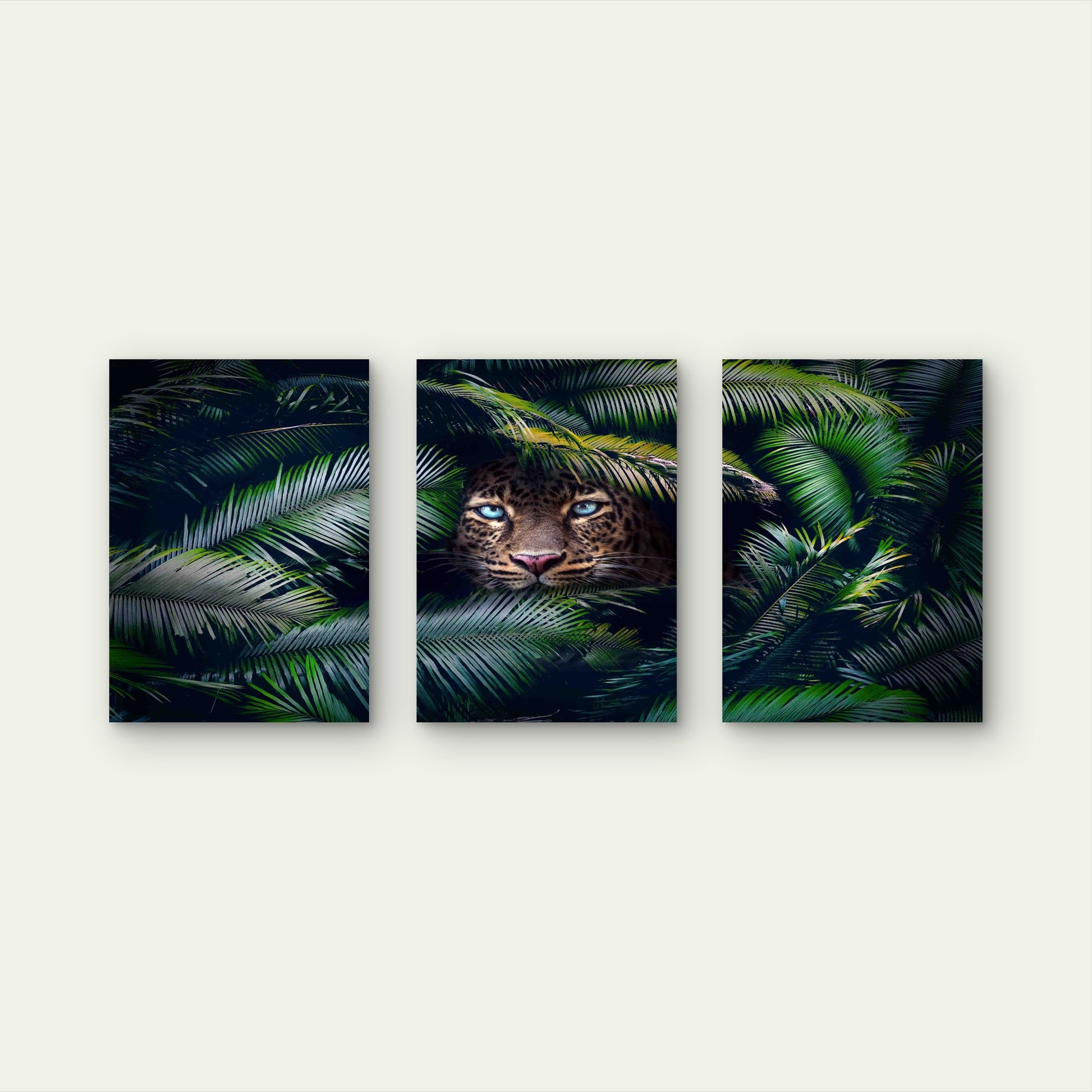 3pcs Leopard Peeking from Palm Leaves Metal Print Ready to Hang Art - Bella Home Decor