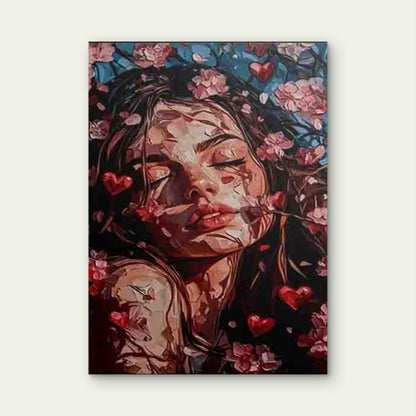 Dreamy Woman with Cherry Blossoms & Hearts 60x90cm Metal Print Ready to Hang - Bella Home Decor